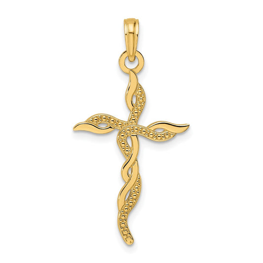 14k Yellow Gold Polished & Textured Twisted Cross Pendant
