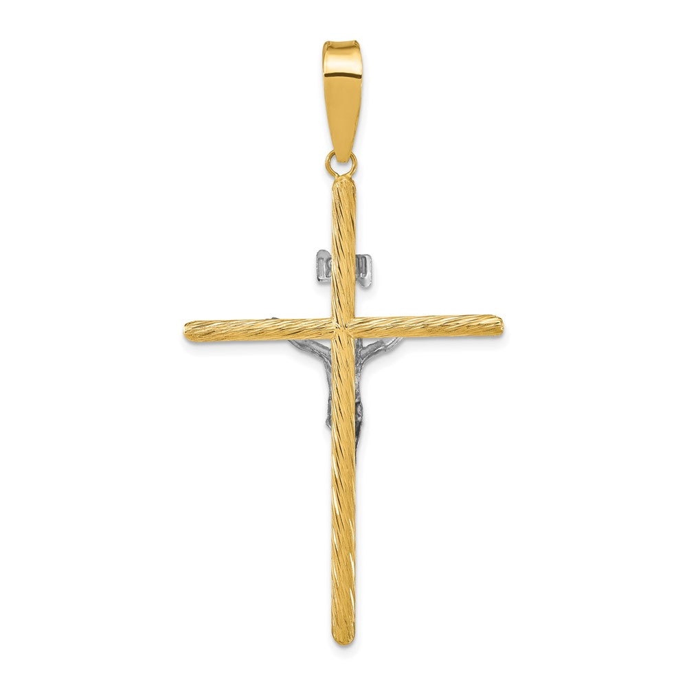 14k Yellow & Rhodium Gold w/White Rhod Polished & Textured INRI Crucifix Cross Pendant