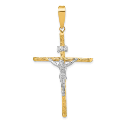 14k Yellow & Rhodium Gold w/White Rhod Polished & Textured INRI Crucifix Cross Pendant