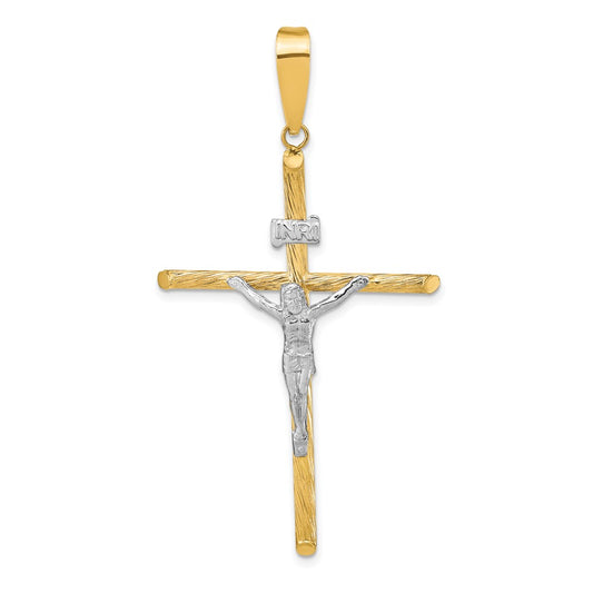 14k Yellow & Rhodium Gold w/White Rhod Polished & Textured INRI Crucifix Cross Pendant