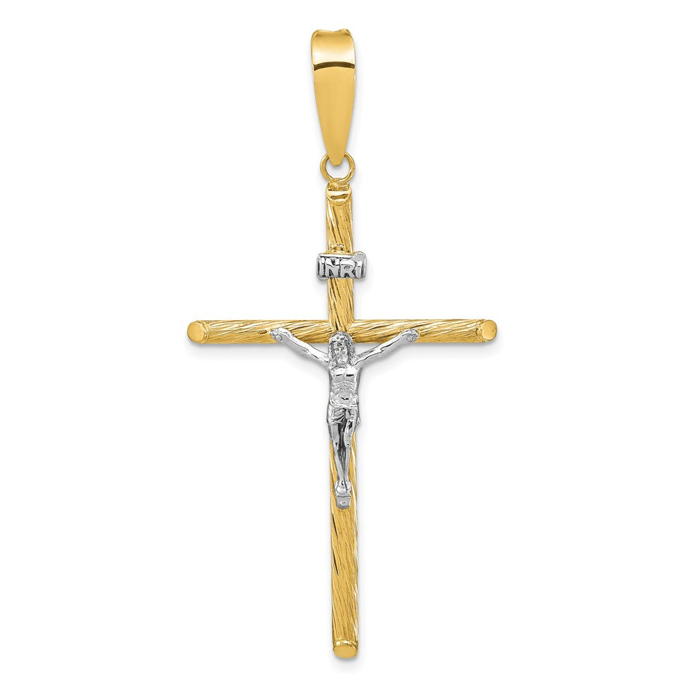 14k Yellow u0026 Rhodium Gold w/White Rhod Polished u0026 Textured INRI Crucifix Cross Pendant