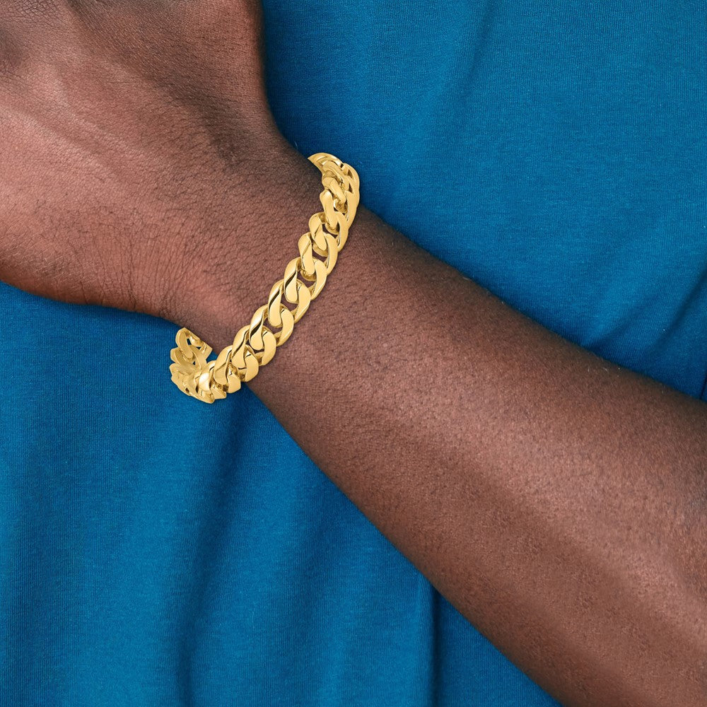 Solid 14K Yellow Gold 9 inch 10.8mm Hand Polished Rounded Curb Link with Box Catch Clasp Bracelet
