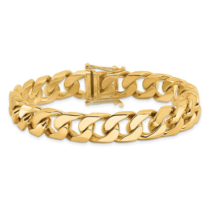 Solid 14K Yellow Gold 8 inch 12mm Hand Polished Flat Beveled Curb Link with Box Catch Clasp Bracelet