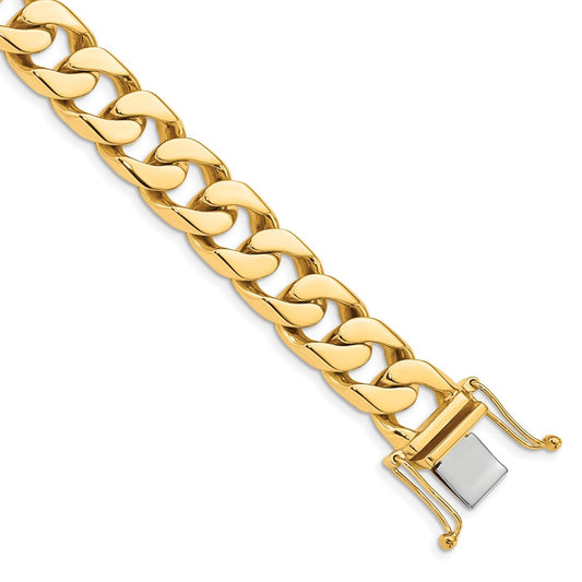 Solid 14K Yellow Gold 9 inch 12mm Hand Polished Flat Beveled Curb Link with Box Catch Clasp Bracelet