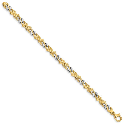 Solid 14K Two-tone Gold 7 inch 6mm Hand Hand Polished Fancy Link with Fancy Lobster Clasp Bracelet