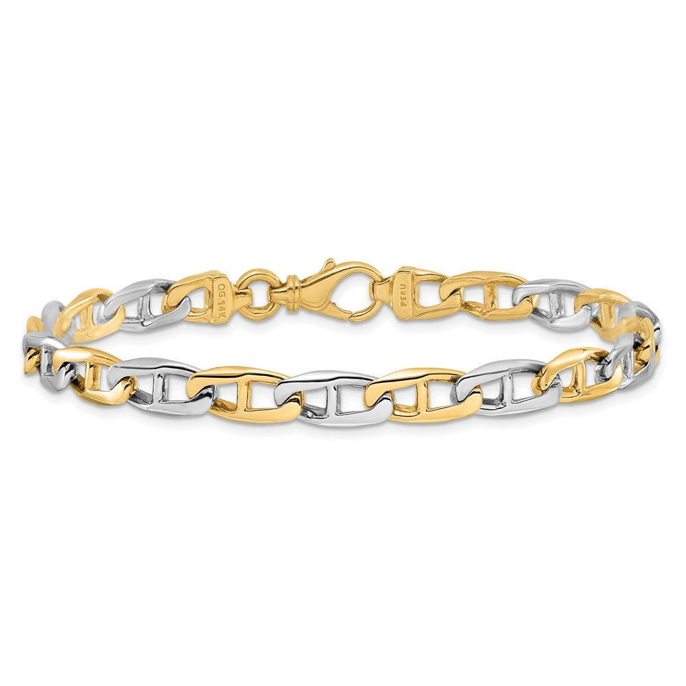 Solid 14K Two-tone Gold 8.25 inch 6.6mm Hand Polished Fancy Flat Anchor Link with Fancy Lobster Clasp Bracelet