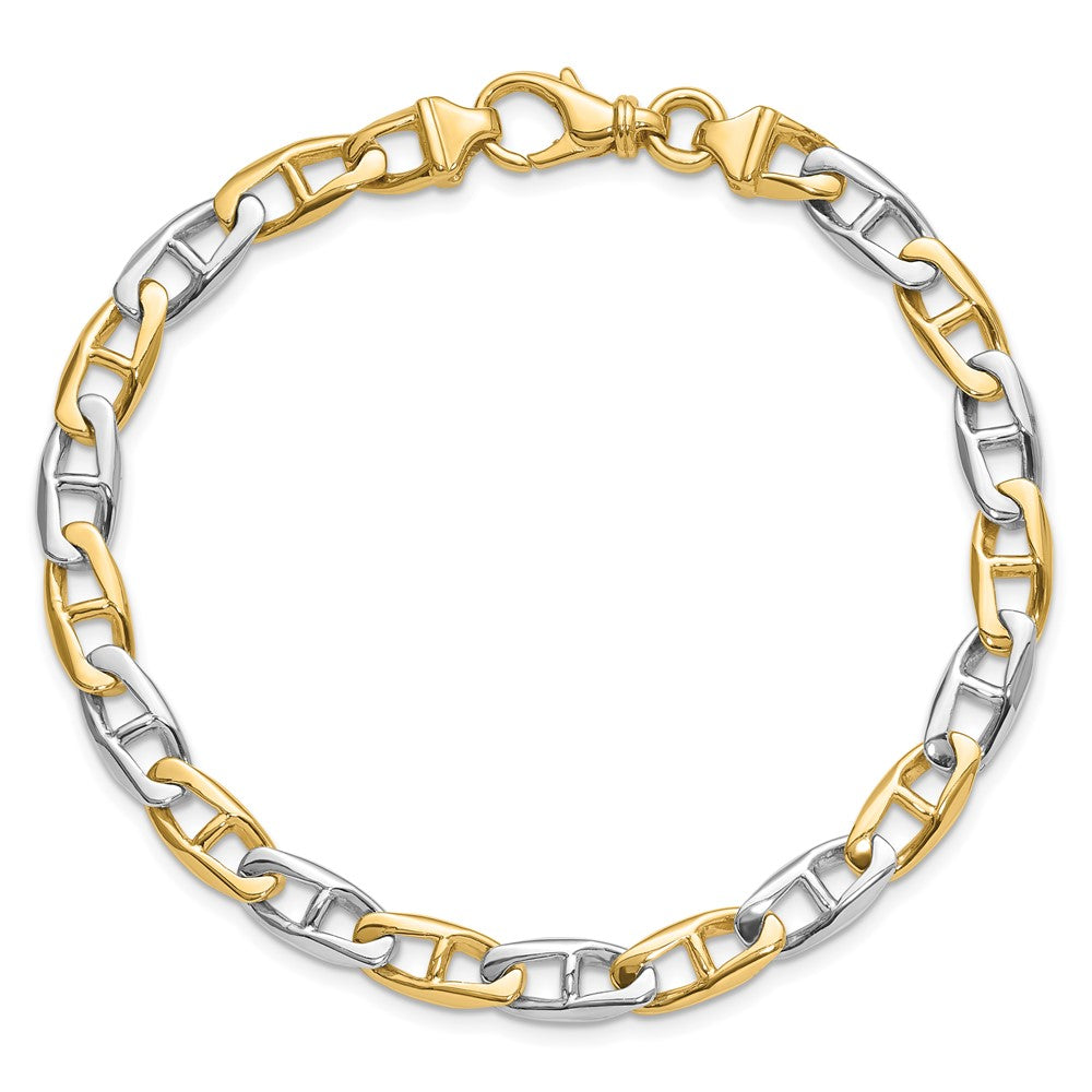 Solid 14K Two-tone Gold 8.25 inch 6.6mm Hand Polished Fancy Flat Anchor Link with Fancy Lobster Clasp Bracelet
