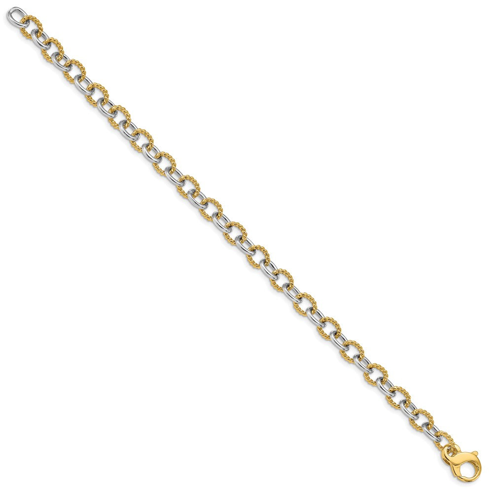 Solid 14K Two-tone Gold 8.5 inch 6.5mm Hand Polished  and Textured Fancy Link with Fancy Lobster Clasp Bracelet