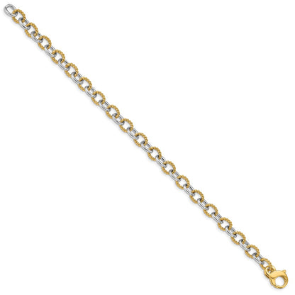 Solid 14K Two-tone Gold 8.5 inch 6.5mm Hand Polished  and Textured Fancy Link with Fancy Lobster Clasp Bracelet