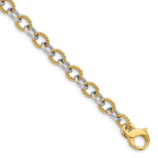 Solid 14K Two-tone Gold 8.5 inch 6.5mm Hand Polished  and Textured Fancy Link with Fancy Lobster Clasp Bracelet