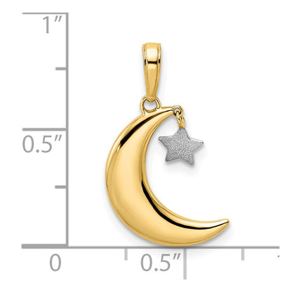 14k Yellow & Rhodium Gold & White Rhodium Moon w/ Dangle Star Pendant