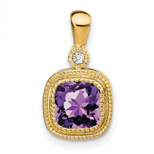 Solid 14k Yellow Gold Cushion Simulated Amethyst and CZ Pendant