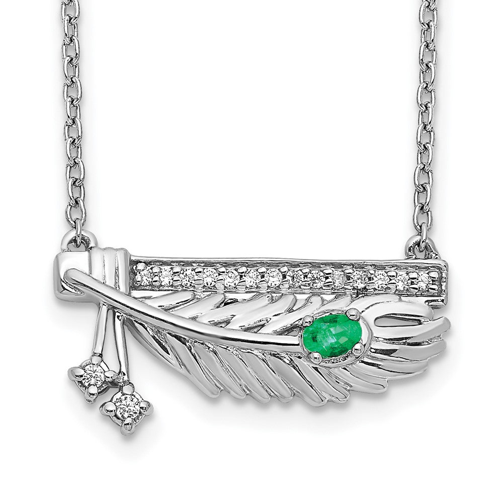 14k white gold real diamond bar w emerald feather 18 inch necklace pm3780 em 008 wa