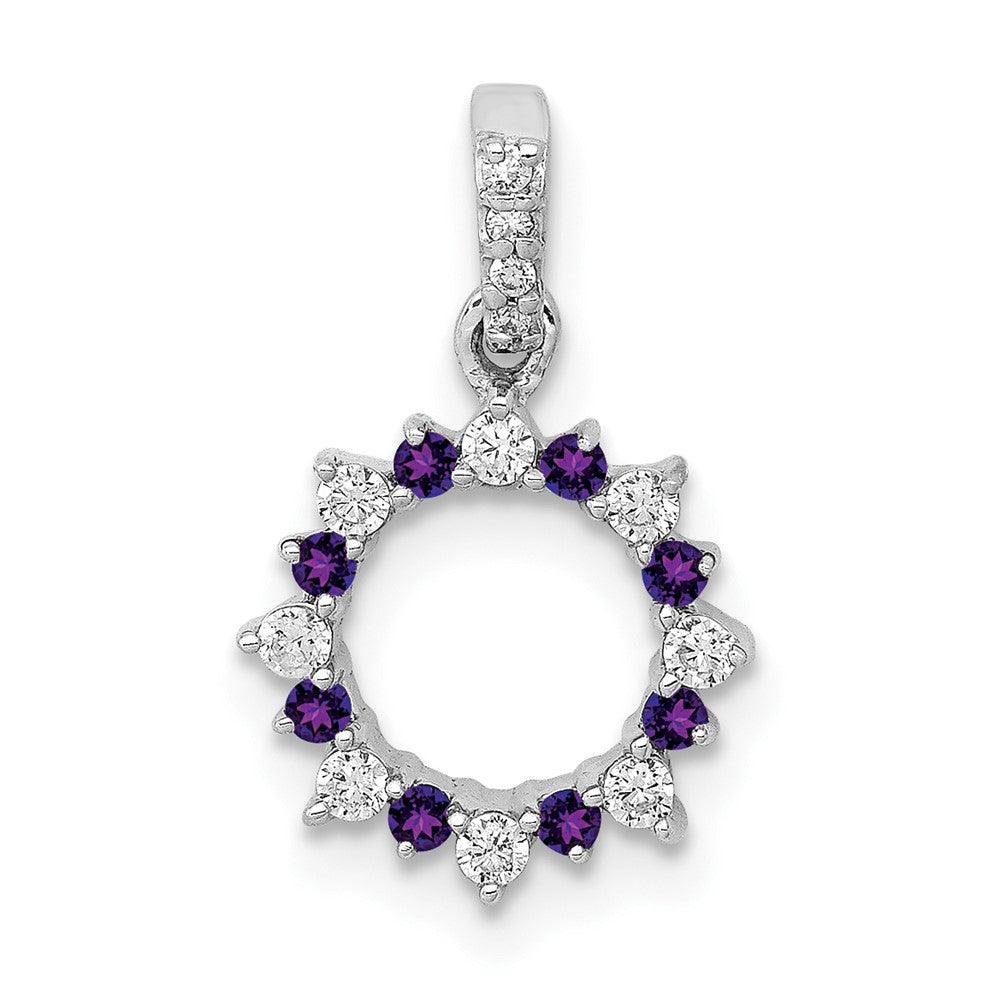 Solid 14k White Gold Simulated CZ and .08 Amethyst Fancy Circle Pendant