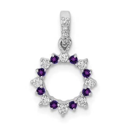 Solid 14k White Gold Simulated CZ and .08 Amethyst Fancy Circle Pendant