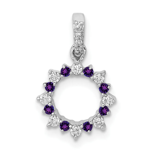 Solid 14k White Gold Simulated CZ and .08 Amethyst Fancy Circle Pendant