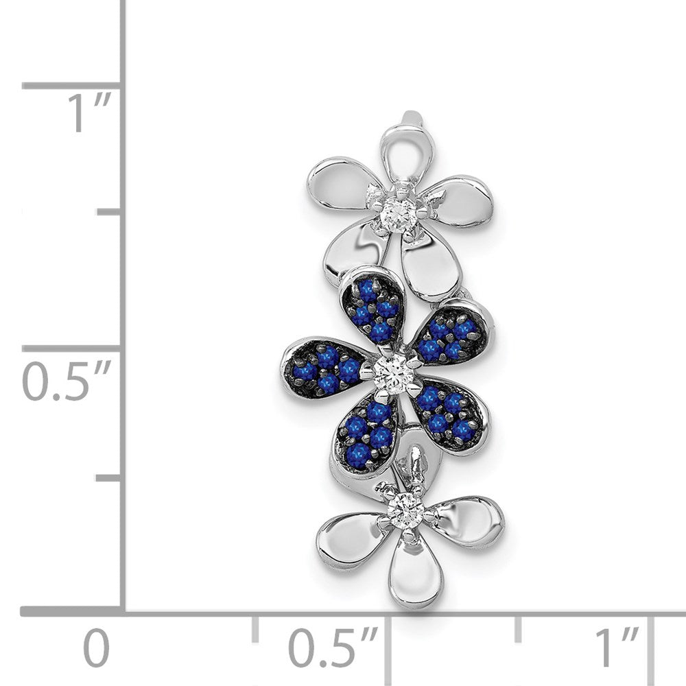 Solid 14k White Gold Simulated CZ and Sapphire 3 Flowers Pendant