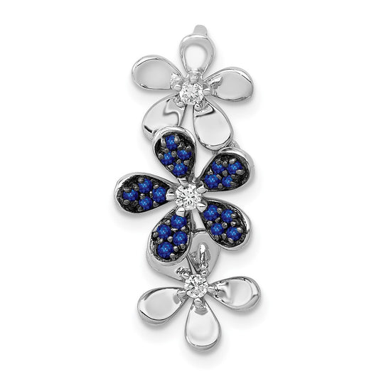Solid 14k White Gold Simulated CZ and Sapphire 3 Flowers Pendant