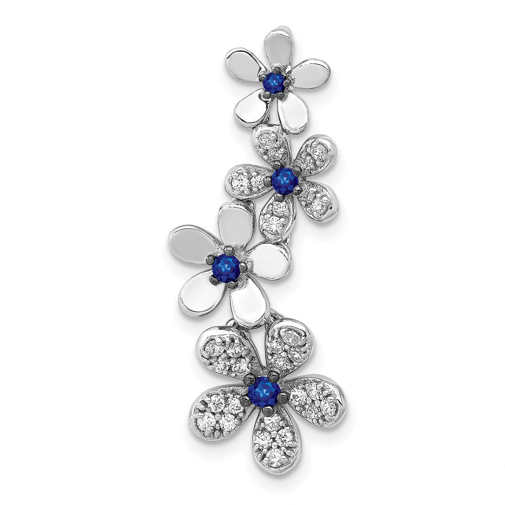 Solid 14k White Gold Simulated CZ and .19 Sapphire 4 Flowers Pendant