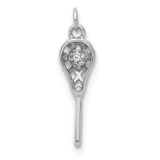 Solid 14k White Gold Simulated CZ Lacrosse SticK Pendant
