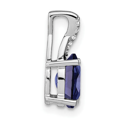 Solid 14k White Gold Oval Created Simulated Sapphire and CZ Pendant