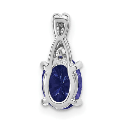 Solid 14k White Gold Oval Created Simulated Sapphire and CZ Pendant