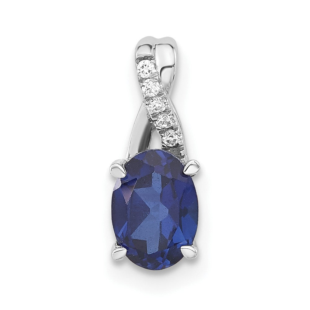 Solid 14k White Gold Oval Created Simulated Sapphire and CZ Pendant
