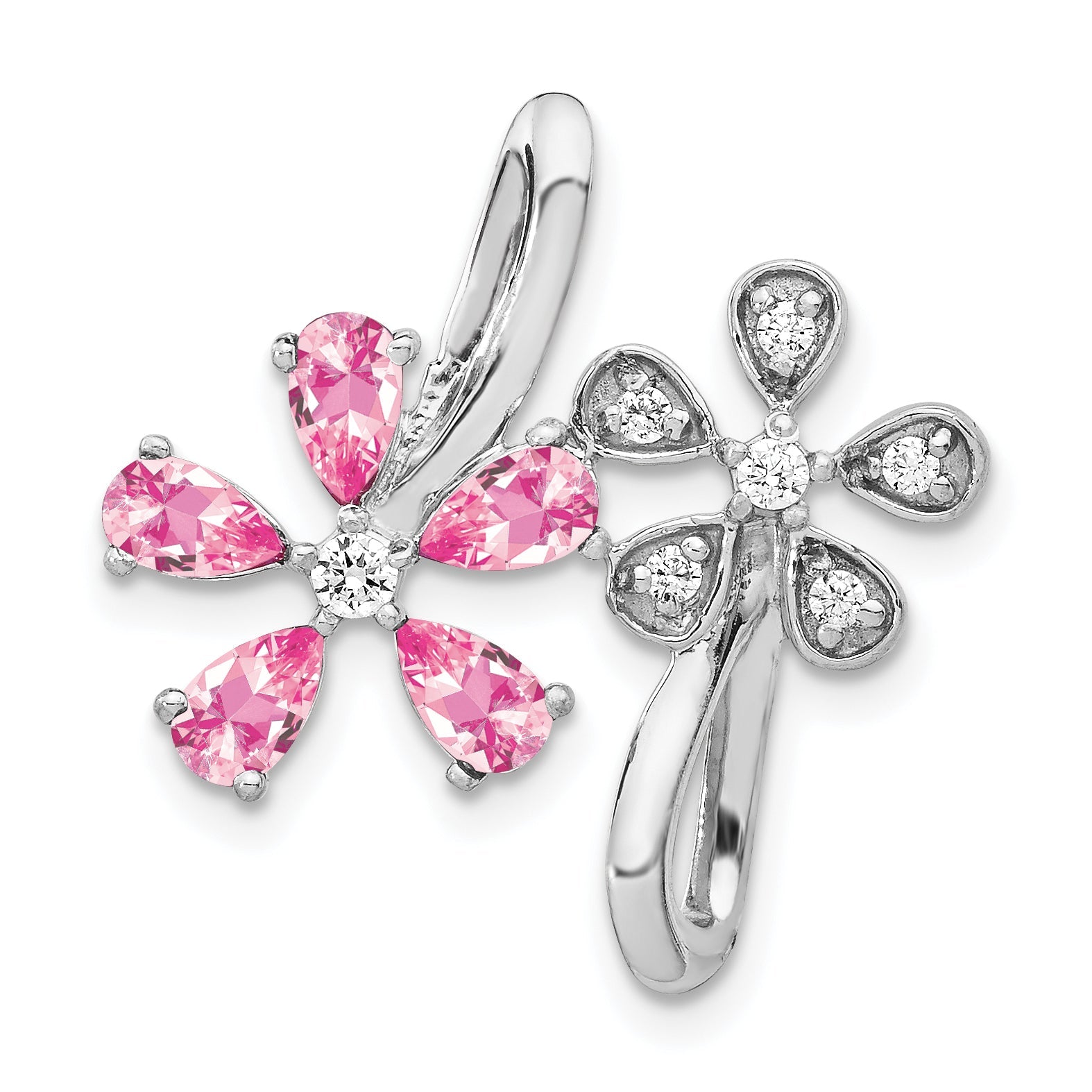 Solid 14k White Gold Simulated CZ and 1.92 Pink Tourmaline Flower Pendant