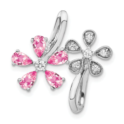 Solid 14k White Gold Simulated CZ and 1.92 Pink Tourmaline Flower Pendant