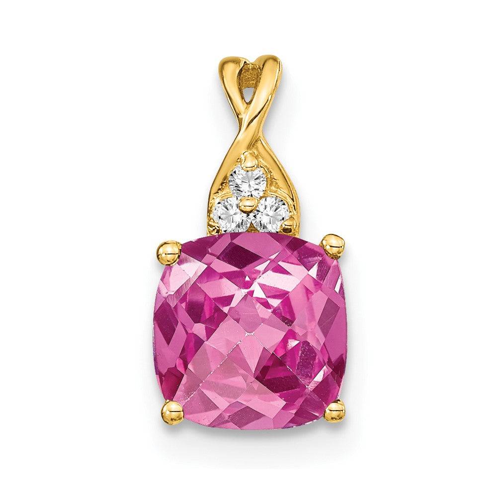 14k yellow gold checkerboard created pink sapphire and real diamond pendant pm4393 cps 003 ya