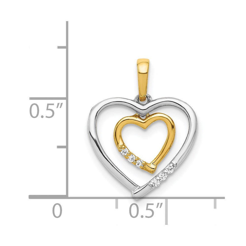 Solid 14k Two-tone White w/ Yellow Gold Heart Charm Simulated CZ Pendant