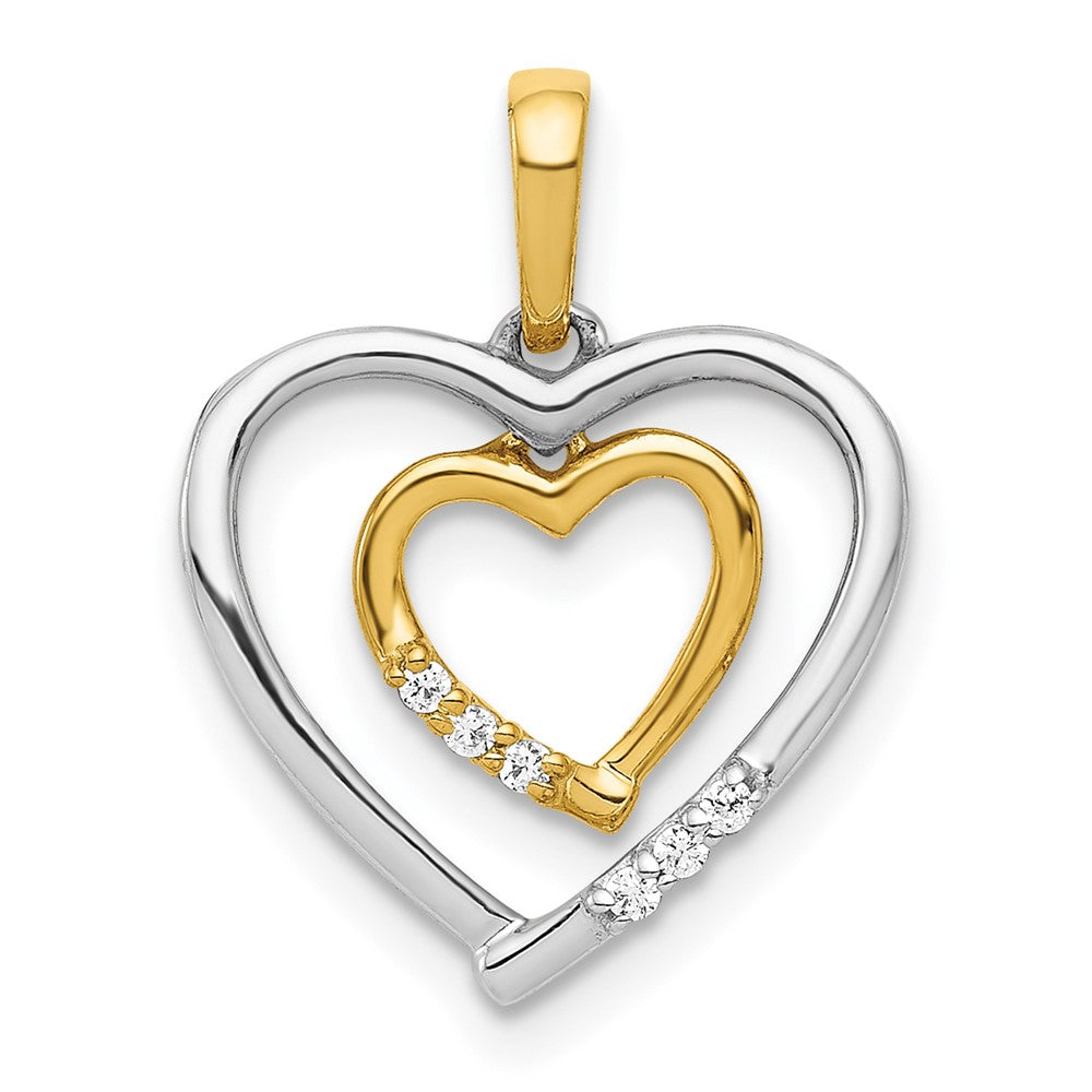 Solid 14k Two-tone White w/ Yellow Gold Heart Charm Simulated CZ Pendant