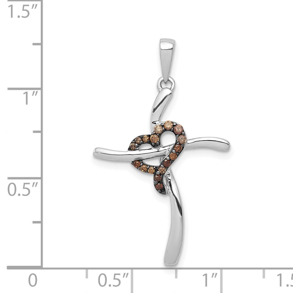 Solid 14k White Gold 1/10ct. Champagne Simulated CZ Heart Cross Pendant