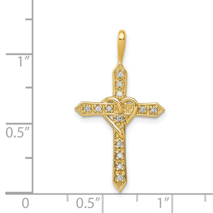 Solid 14k Yellow Gold AA 1/10ct. Simulated CZ Heart Cross Pendant