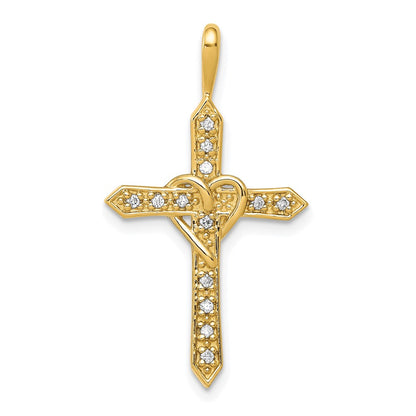 Solid 14k Yellow Gold AA 1/10ct. Simulated CZ Heart Cross Pendant