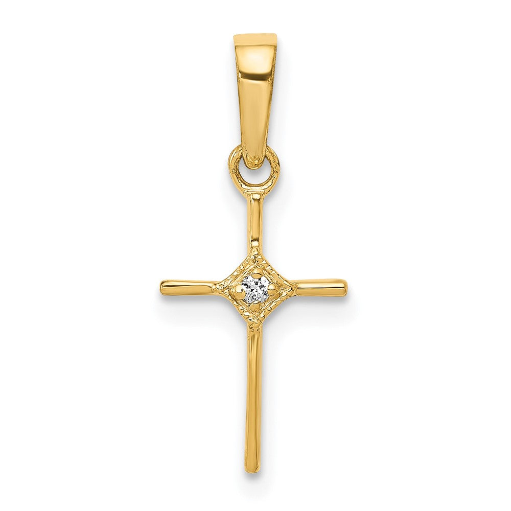 Solid 14k Yellow Gold Small .01ct. Simulated CZ Cross Pendant