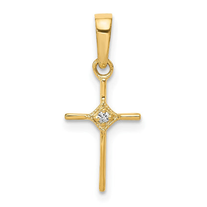 Solid 14k Yellow Gold Small .01ct. Simulated CZ Cross Pendant