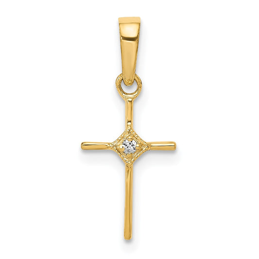 Solid 14k Yellow Gold Small .01ct. Simulated CZ Cross Pendant
