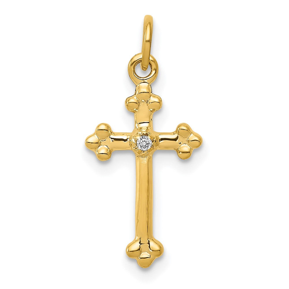 Solid 14k Yellow Gold Small Simulated CZ Budded Cross Pendant