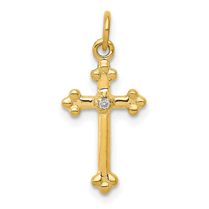 Solid 14k Yellow Gold Small Simulated CZ Budded Cross Pendant