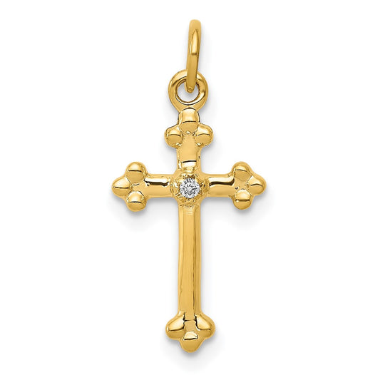 Solid 14k Yellow Gold Small Simulated CZ Budded Cross Pendant