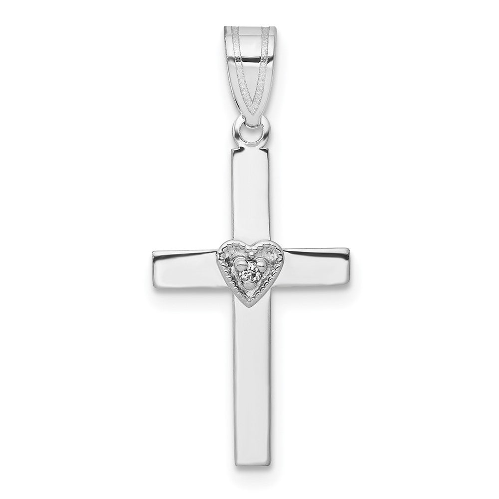 Solid 14k White Gold .01ct Simulated CZ Heart Cross Pendant