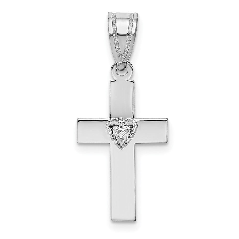 Solid 14k White Gold .01ct Simulated CZ Heart Cross Pendant