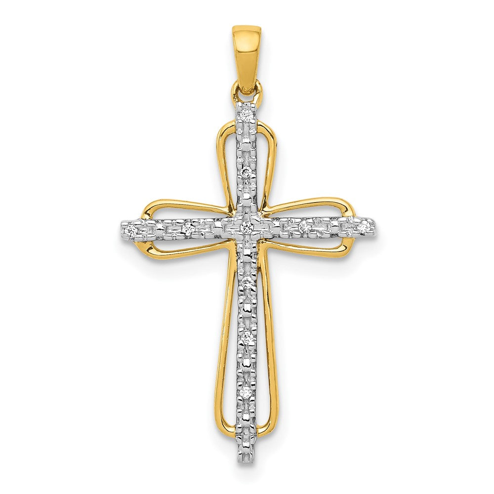 Solid 14k Yellow & Rhodium .03ct. Simulated CZ Cross Pendant