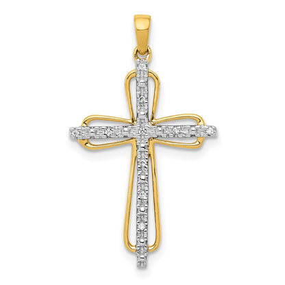 Solid 14k Yellow & Rhodium .03ct. Simulated CZ Cross Pendant
