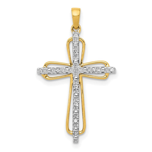 Solid 14k Yellow & Rhodium .03ct. Simulated CZ Cross Pendant