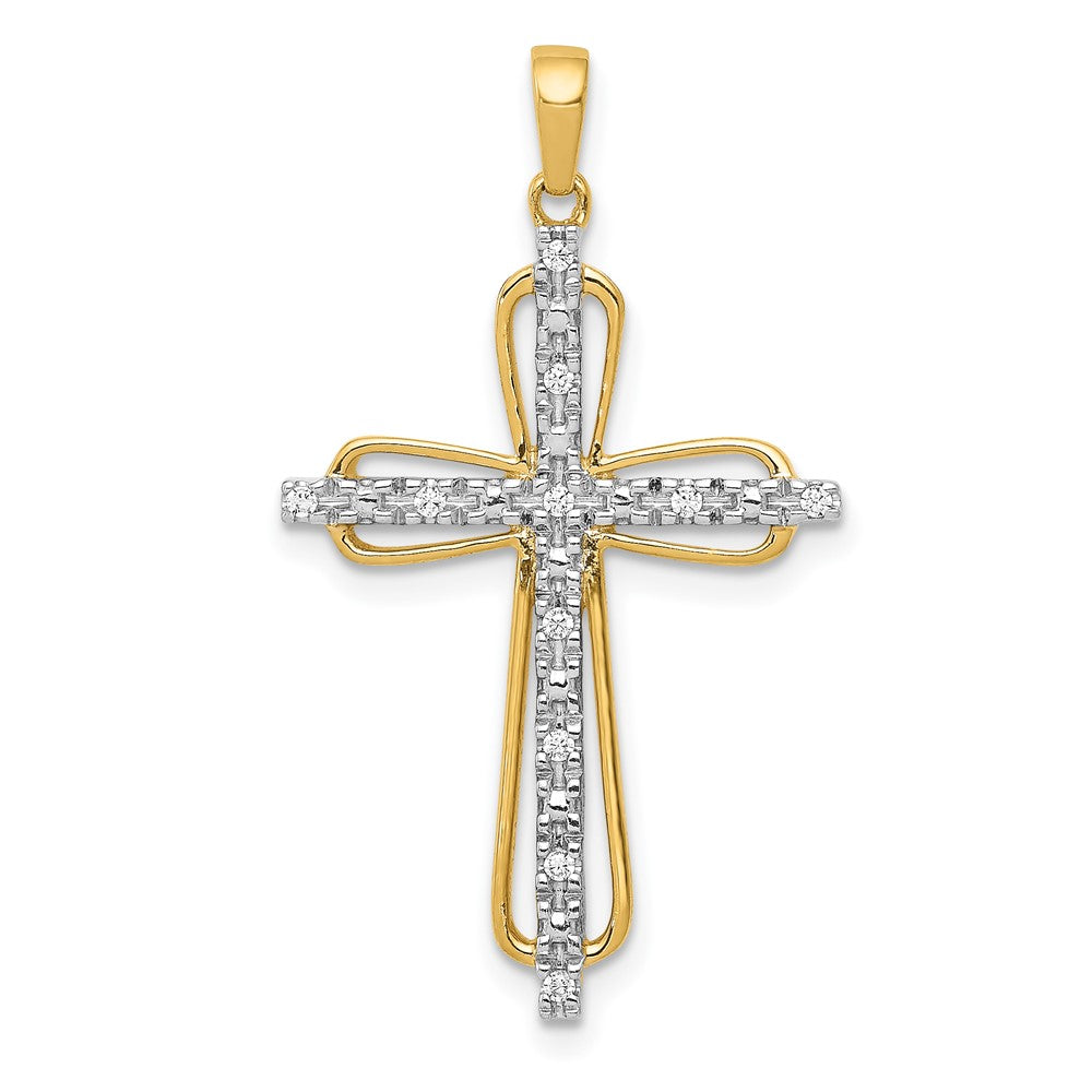 Solid 14k Yellow & Rhodium Simulated CZ Cross Pendant
