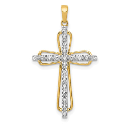 Solid 14k Yellow & Rhodium Simulated CZ Cross Pendant
