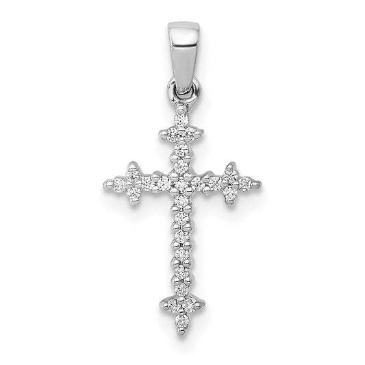 Solid 14k White Gold 1/10ct. Simulated CZ Fleur e Lis Cross Pendant