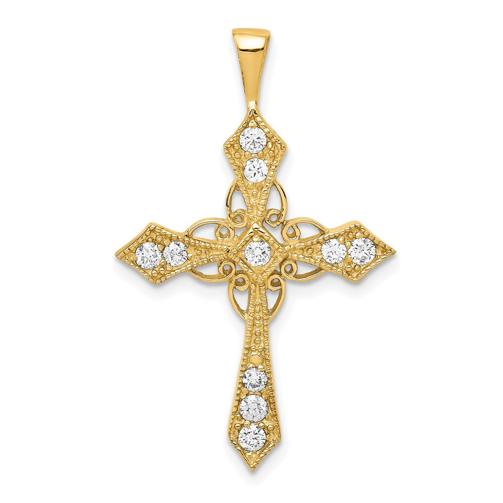 Solid 14k Yellow Gold AA Simulated CZ Passion Cross Pendant